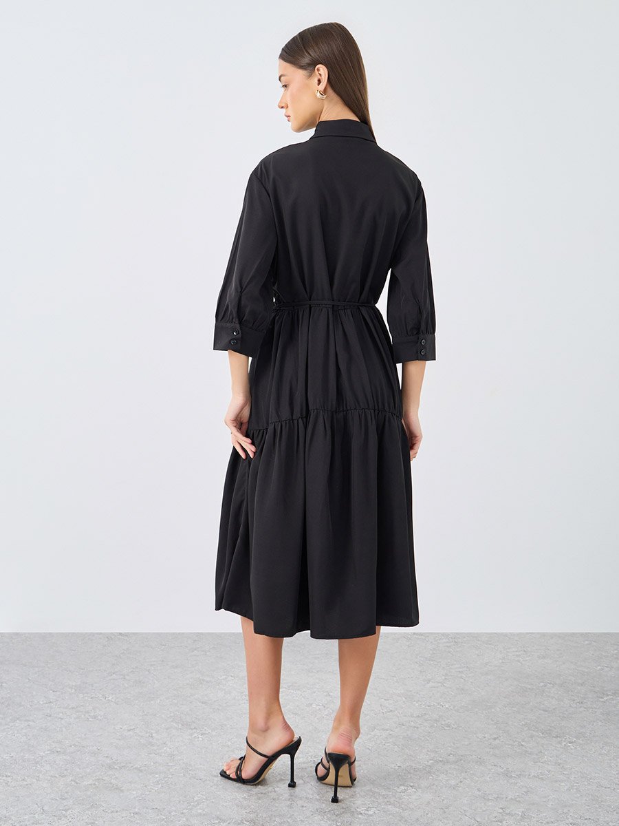 Black Button Down Spread Collar Midi Dress
