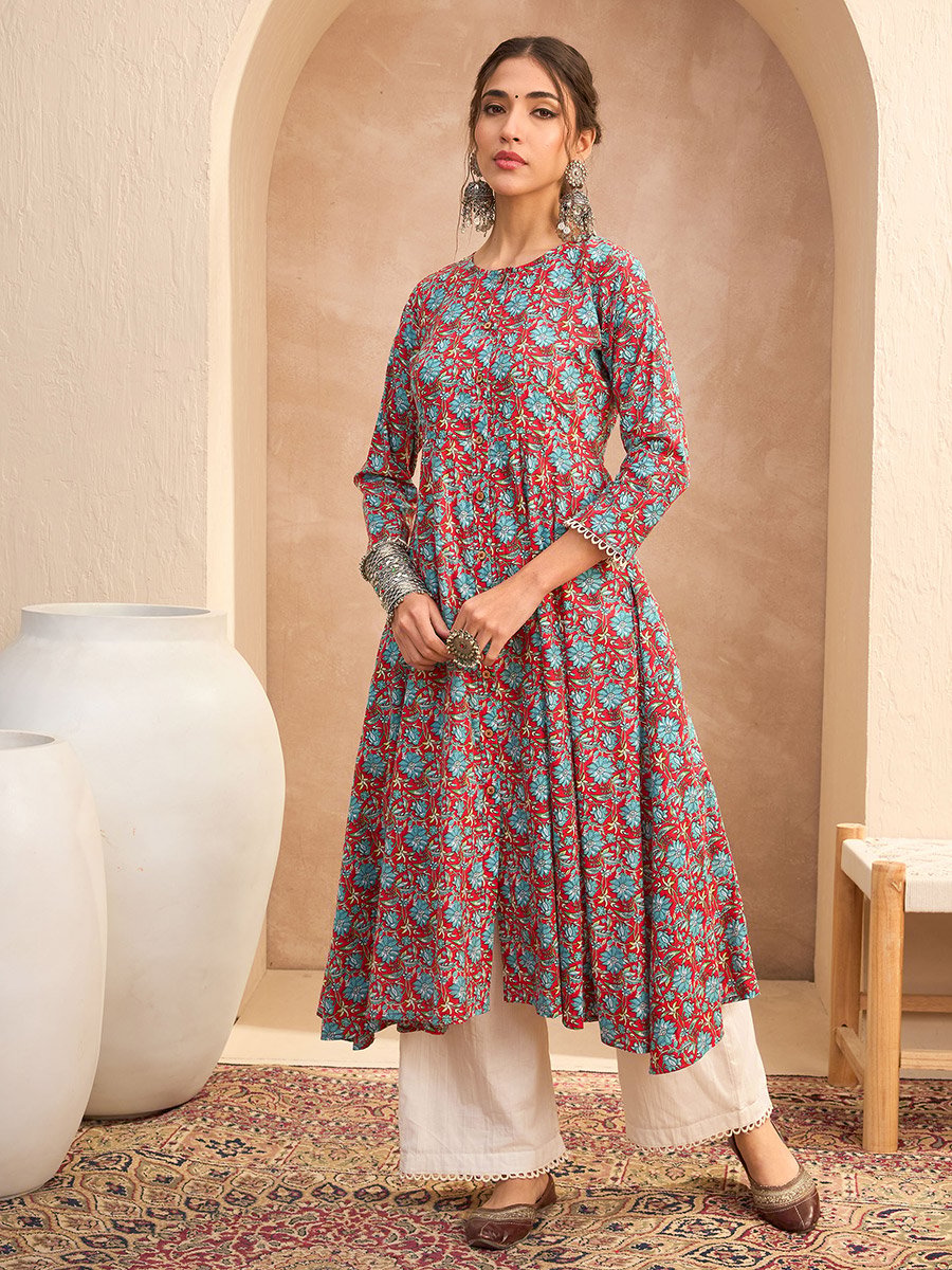 Red Floral Buttoned Pocket Kurta