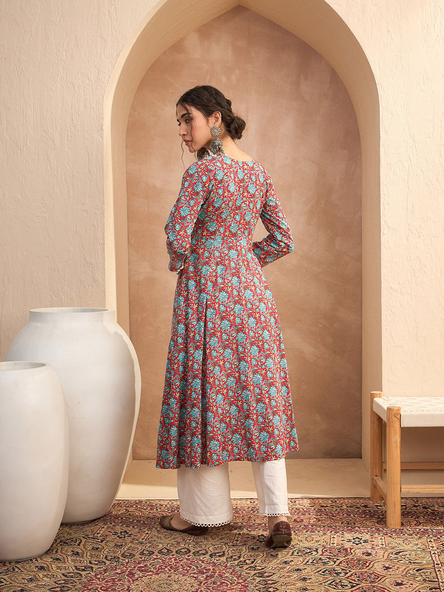 Red Floral Buttoned Pocket Kurta