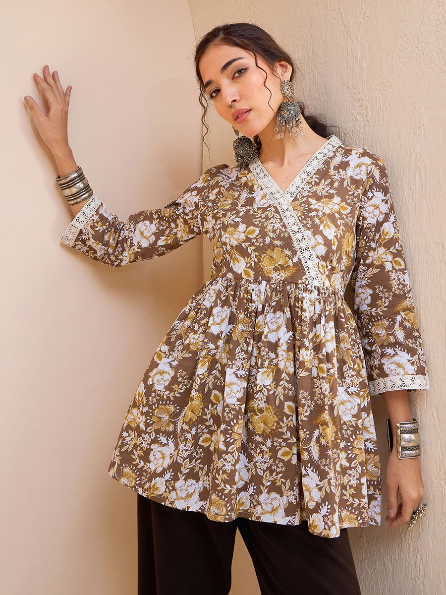 Brown Floral Cambric Wrap Peplum Kurti