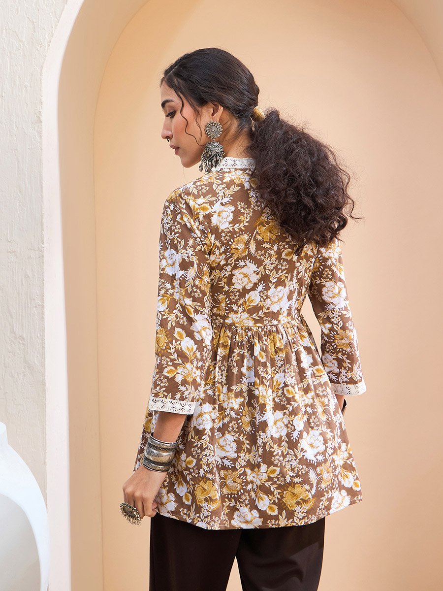 Brown Floral Cambric Wrap Peplum Kurti