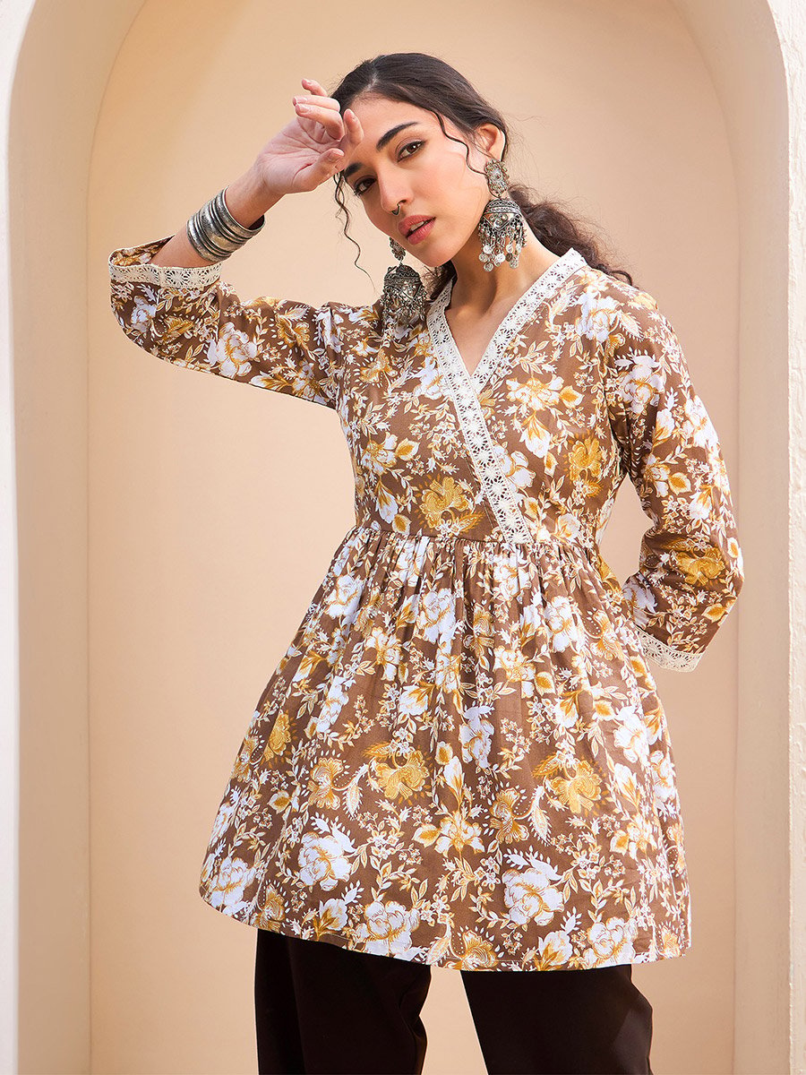 Brown Floral Cambric Wrap Peplum Kurti