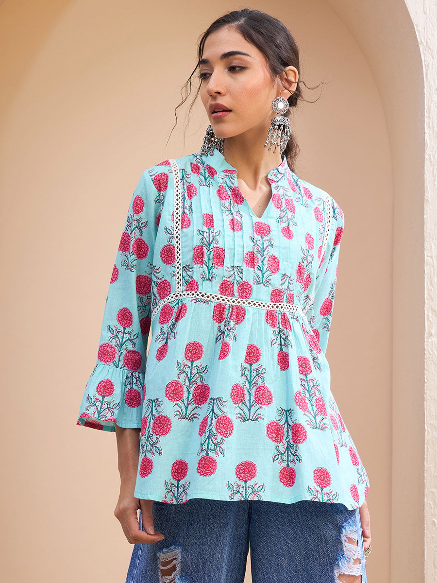 Blue Floral Front Pintuck Kurti