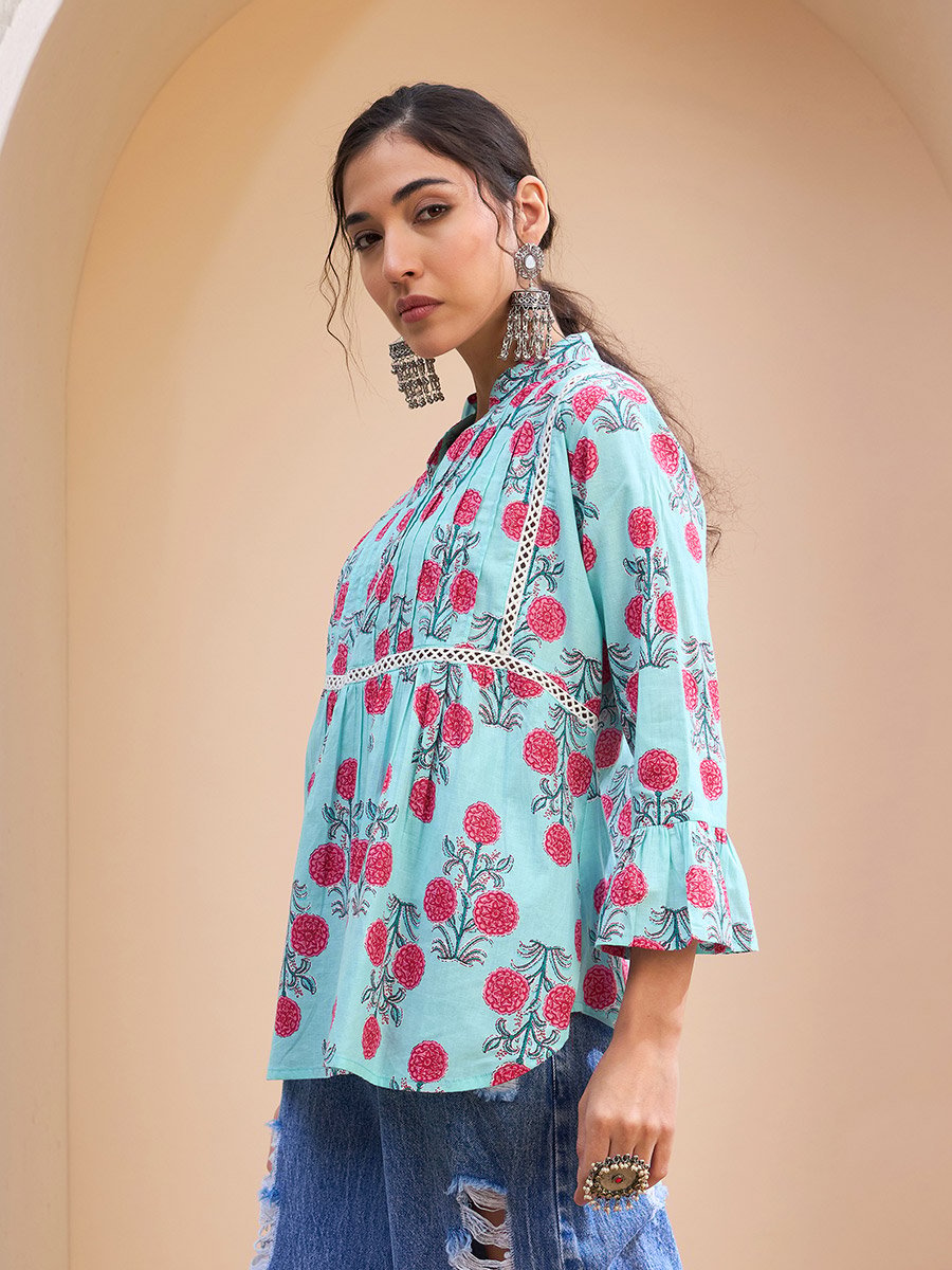 Blue Floral Front Pintuck Kurti