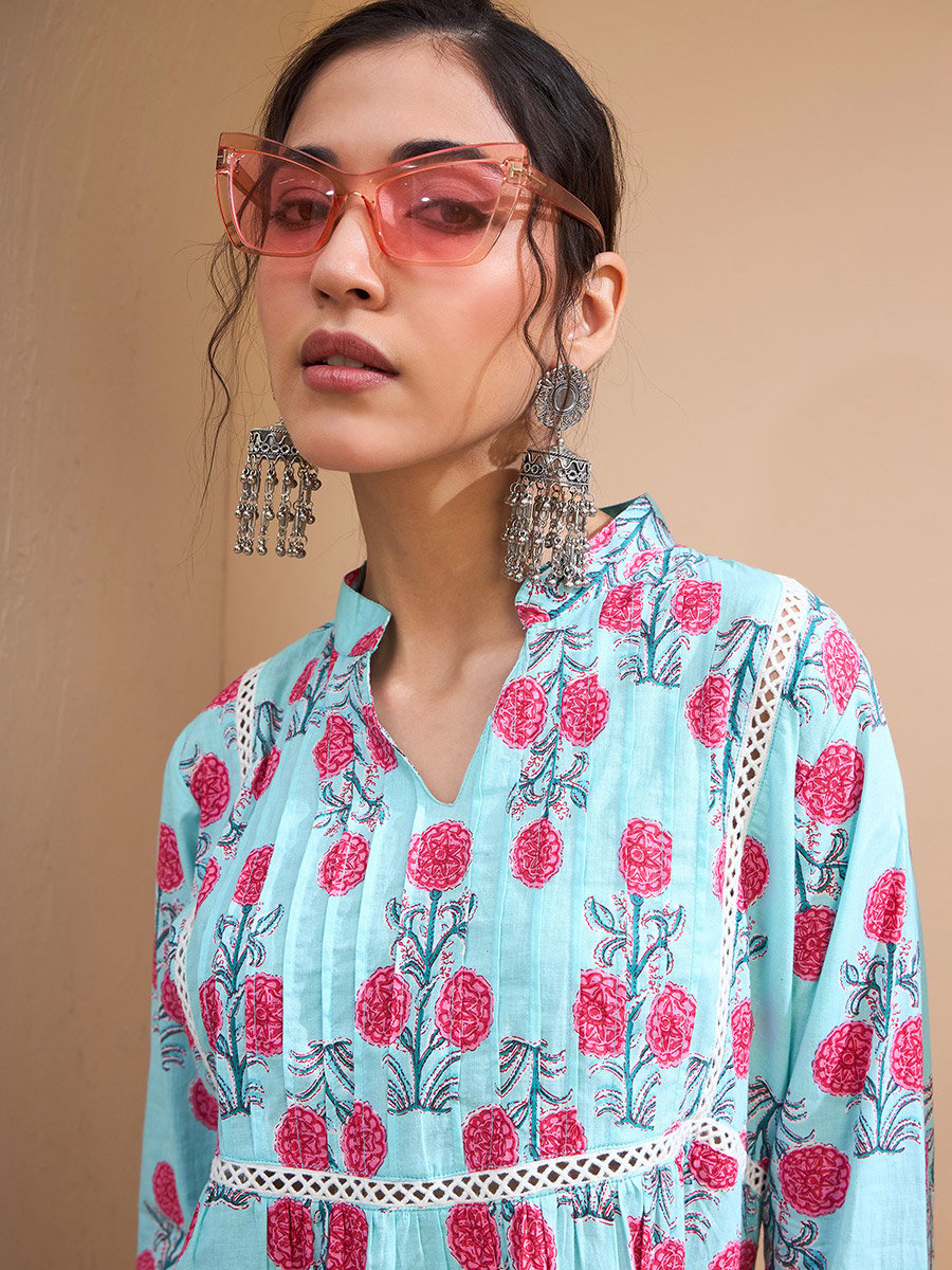 Blue Floral Front Pintuck Kurti