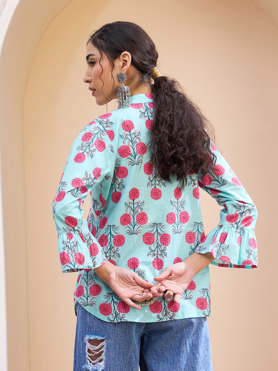 Blue Floral Front Pintuck Kurti