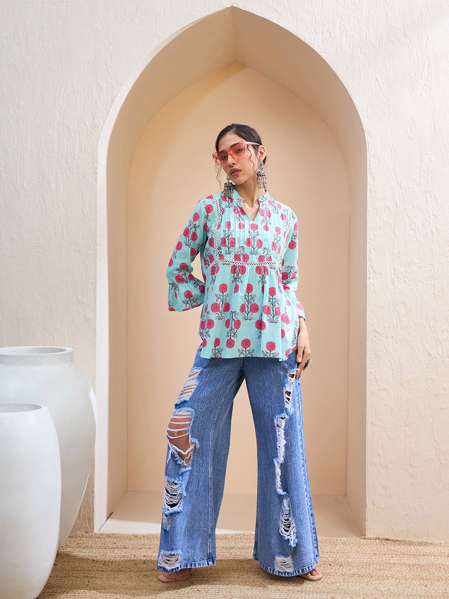 Blue Floral Front Pintuck Kurti