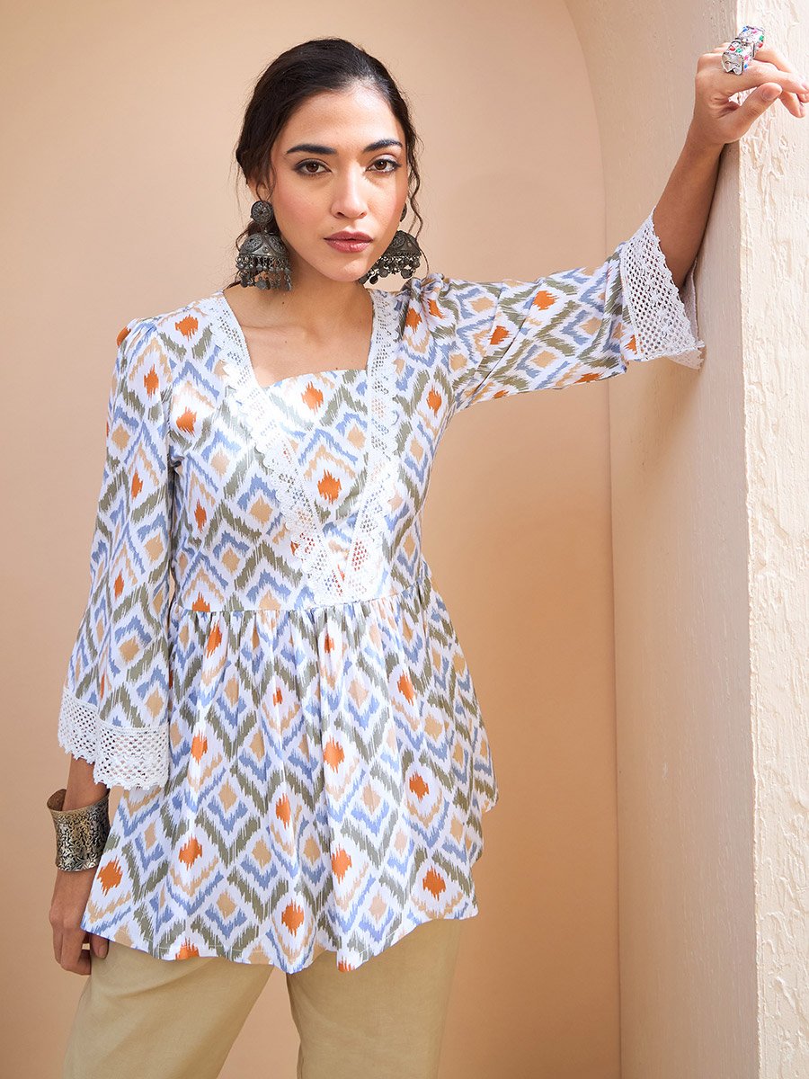 White Geometric Print Peplum Kurti