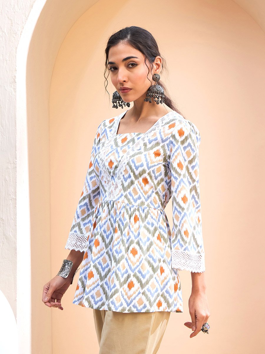 White Geometric Print Peplum Kurti
