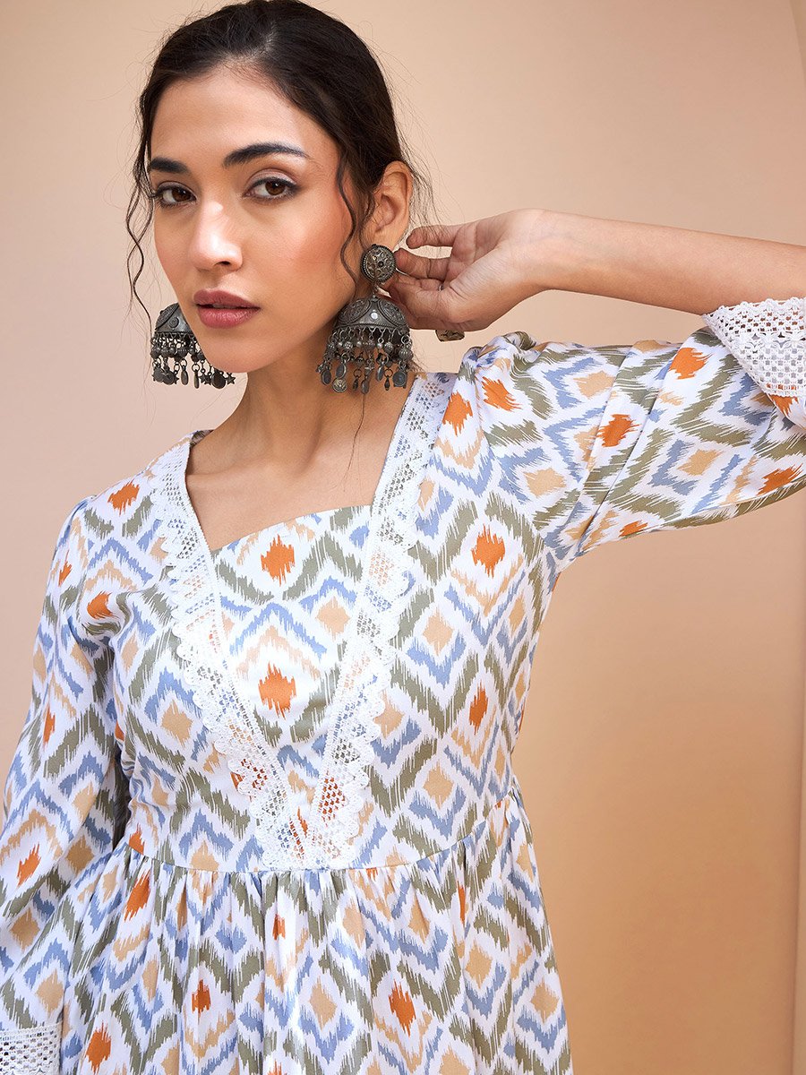 White Geometric Print Peplum Kurti