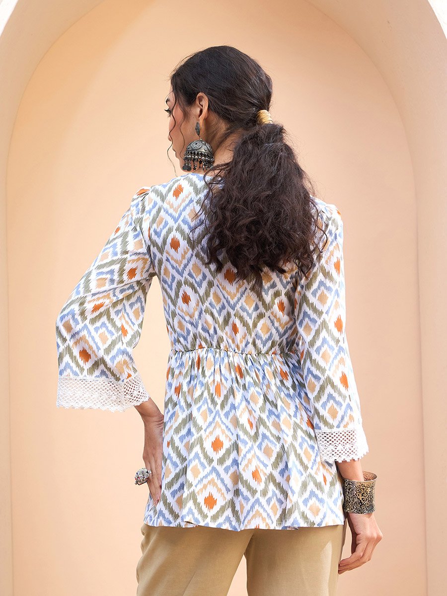 White Geometric Print Peplum Kurti