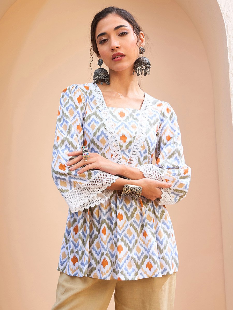 White Geometric Print Peplum Kurti