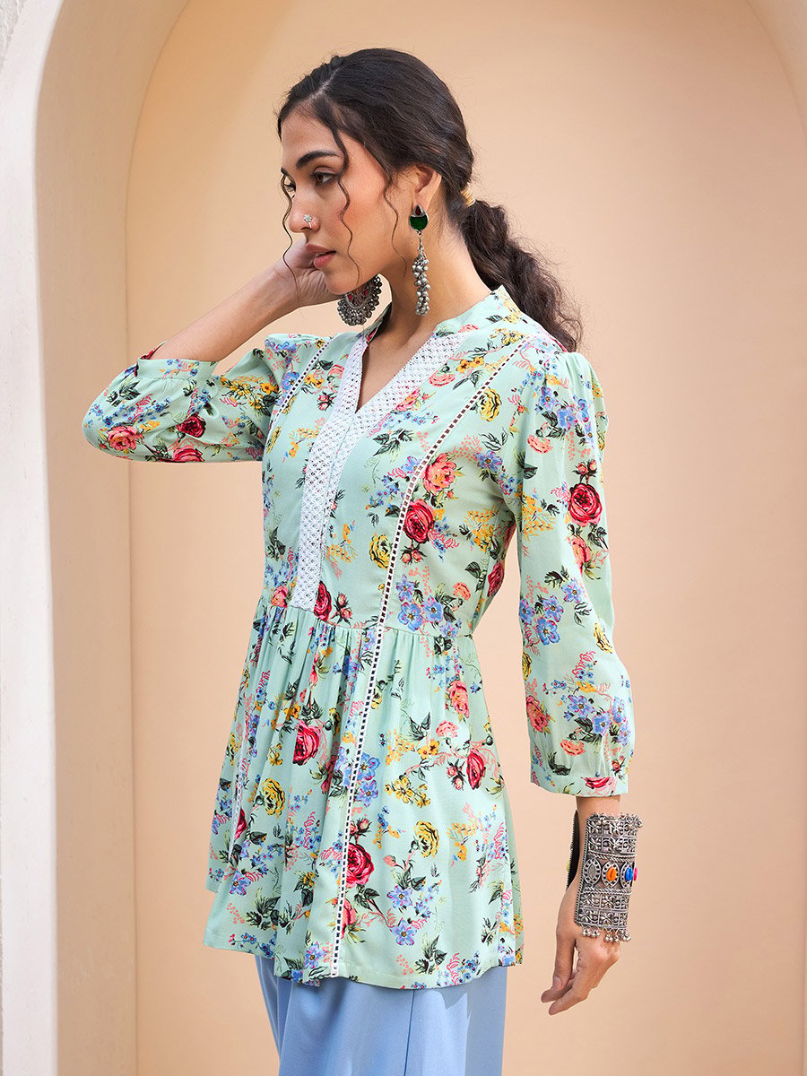Green Floral Front Lace Peplum Kurti