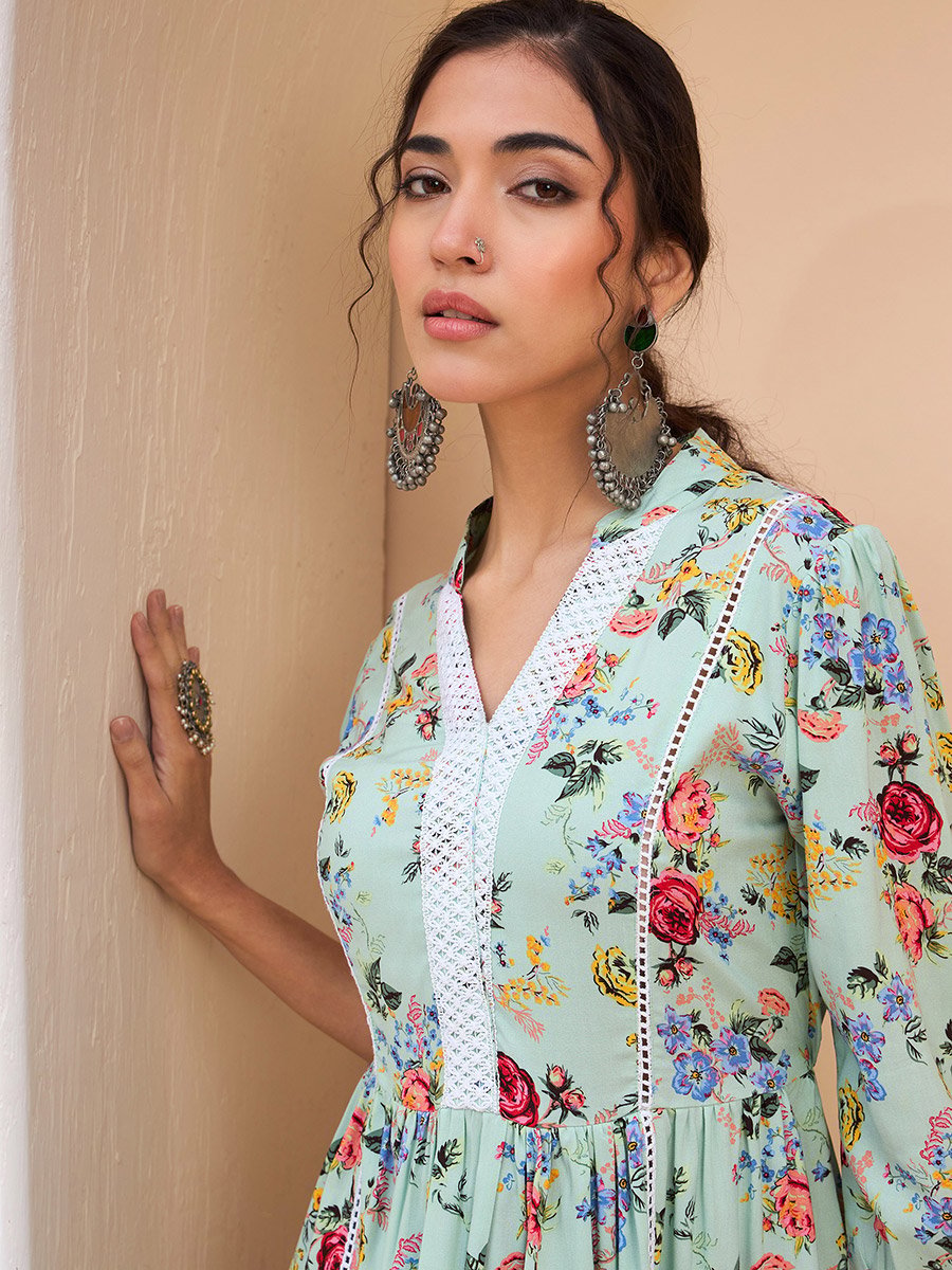 Green Floral Front Lace Peplum Kurti