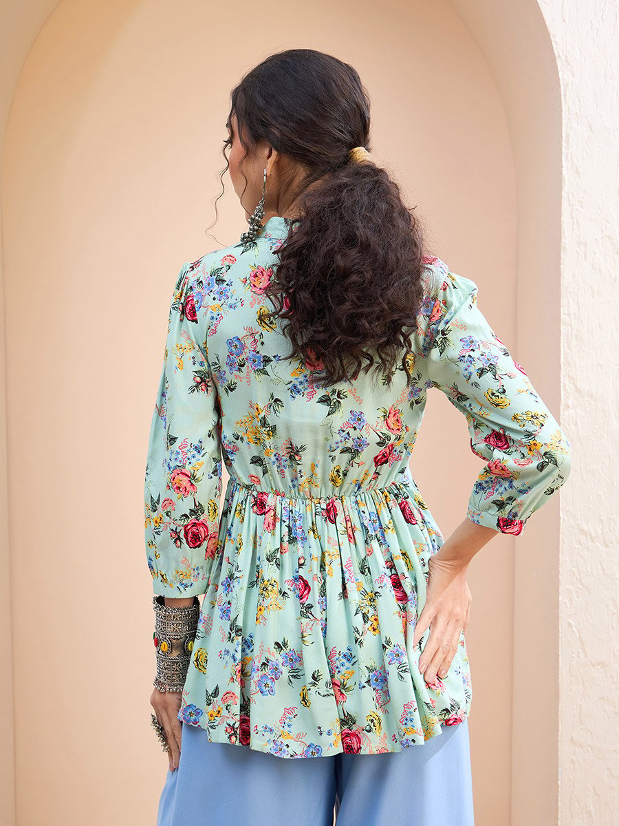 Green Floral Front Lace Peplum Kurti