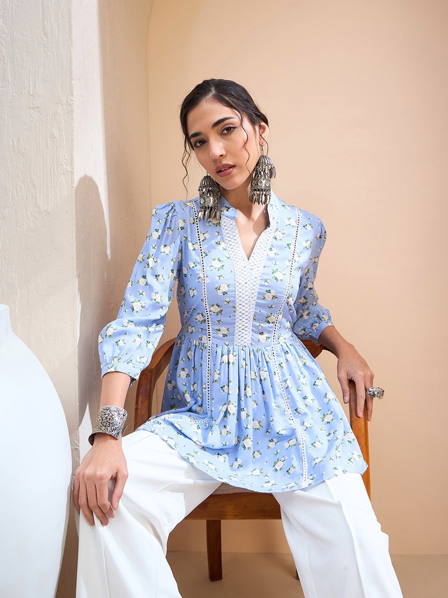 Blue Floral Front Lace Peplum Kurti For Women at Saudi | Styli
