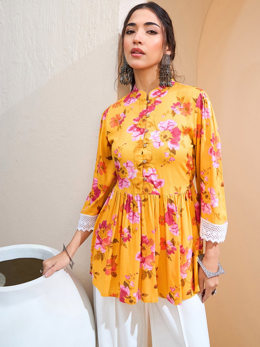 Yellow Floral Buttoned Gathered Kurti