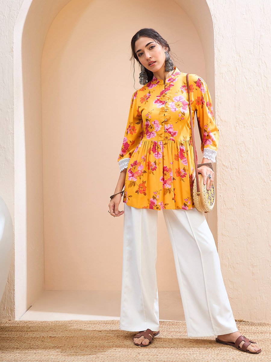 Yellow Floral Buttoned Gathered Kurti