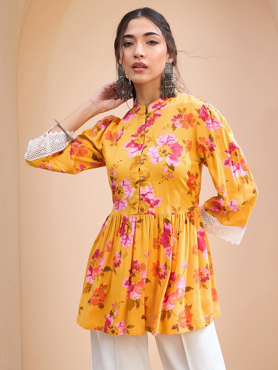Yellow Floral Buttoned Gathered Kurti