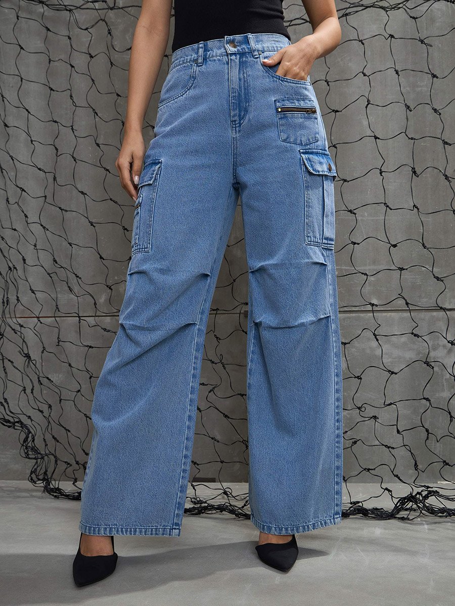 Women Pleated Knee Cargo Jeans