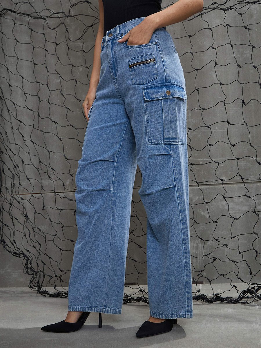 Women Pleated Knee Cargo Jeans