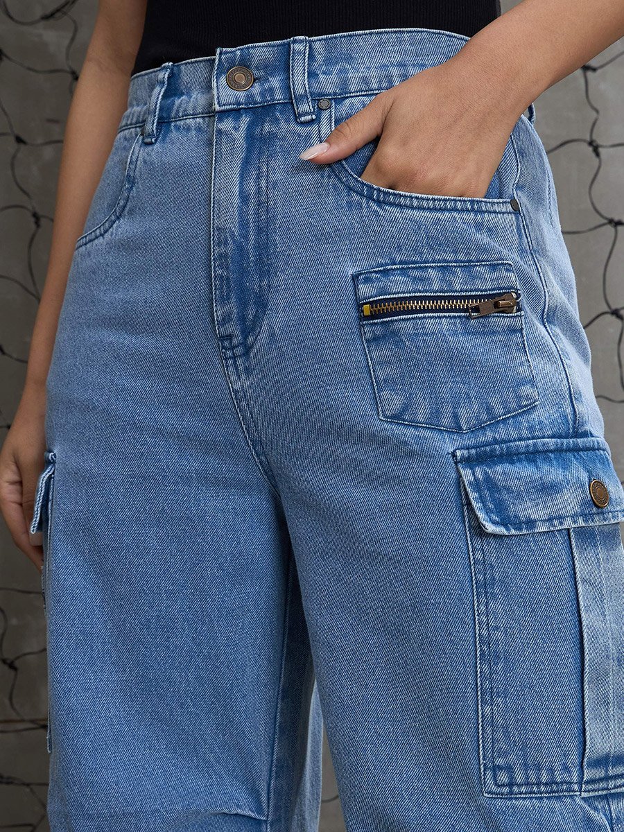 Women Pleated Knee Cargo Jeans