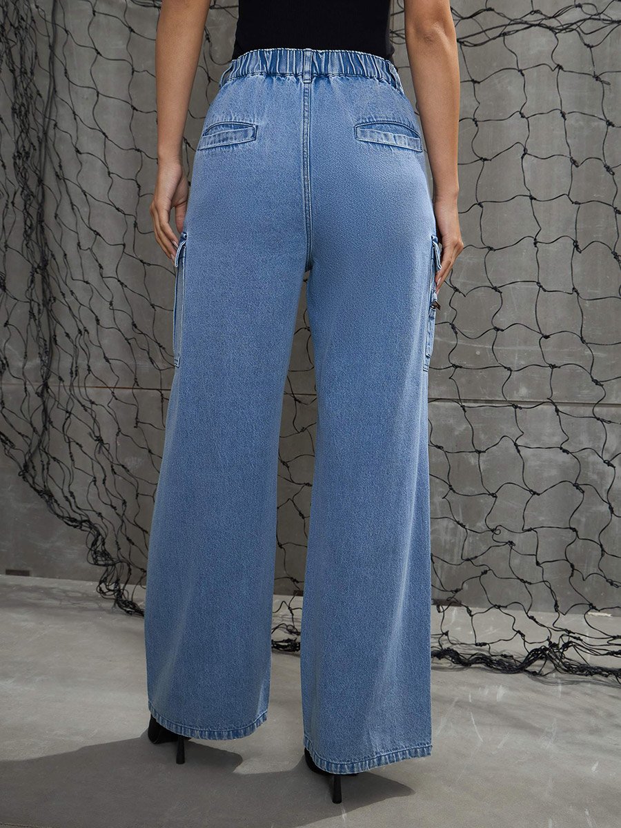 Women Pleated Knee Cargo Jeans