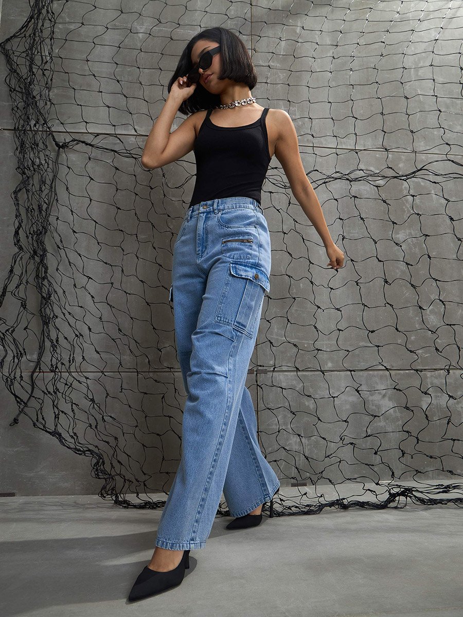 Women Pleated Knee Cargo Jeans
