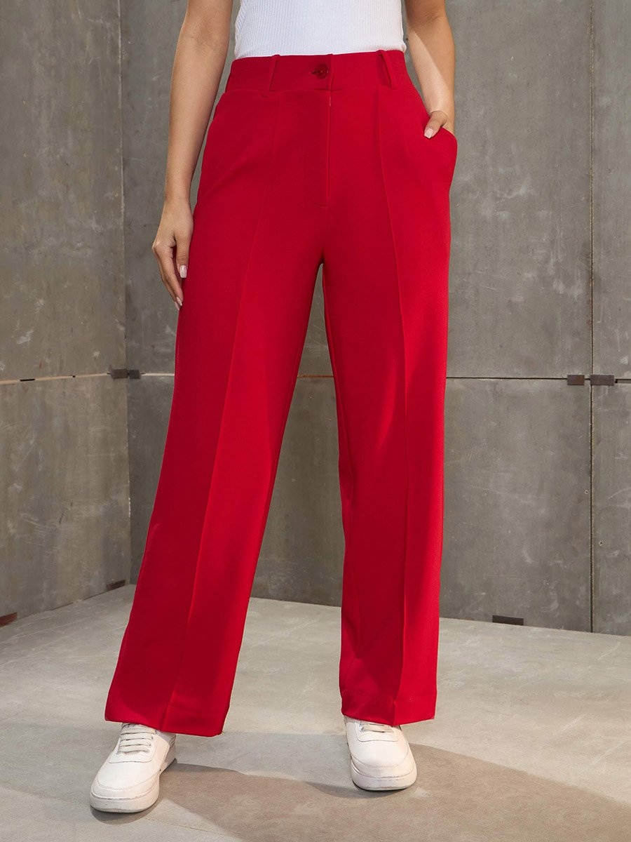 Women Red Front Darted Straight Pants