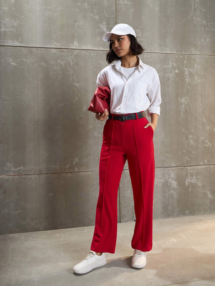 Women Red Front Darted Straight Pants