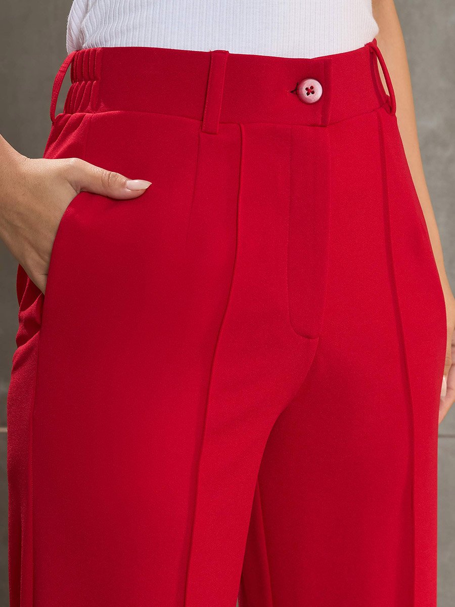 Women Red Front Darted Straight Pants