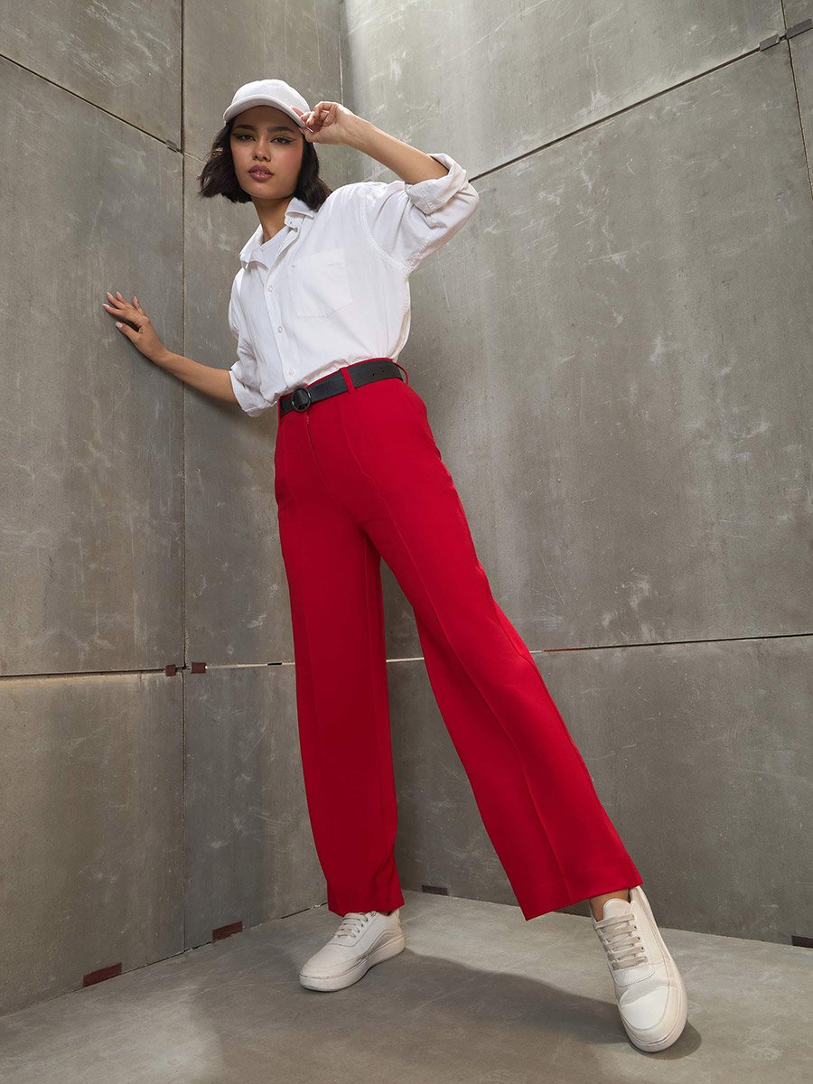 Women Red Front Darted Straight Pants