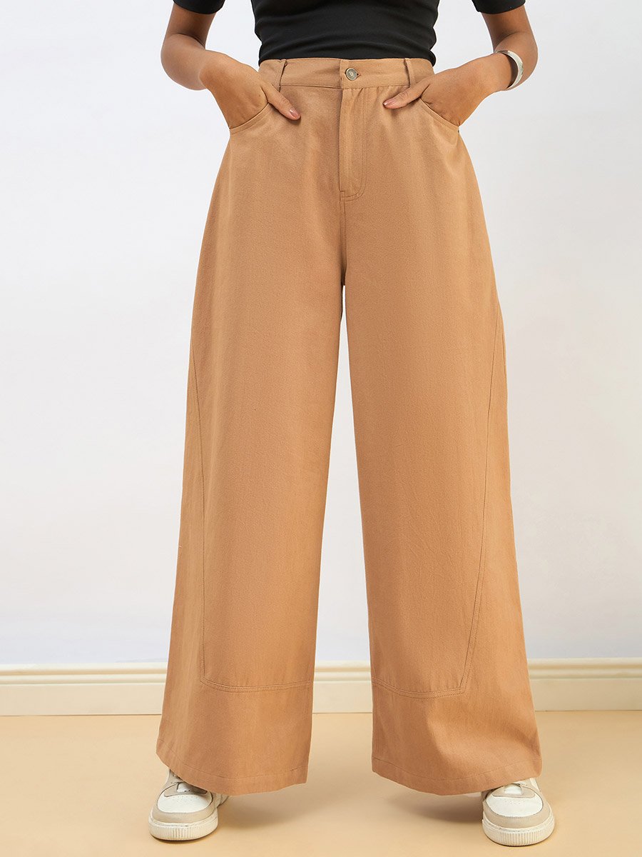 Women Beige Twill Wide Leg Pants