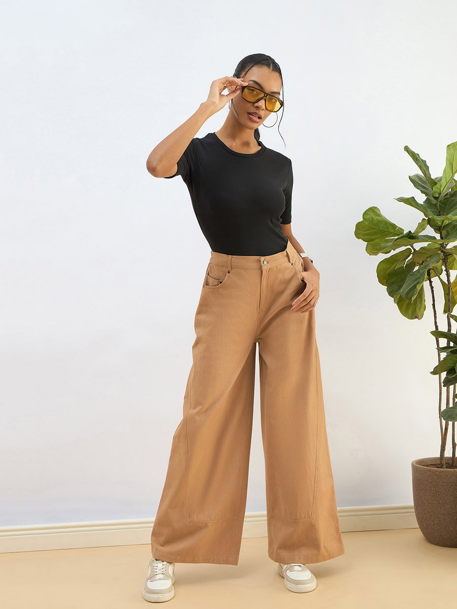 Women Beige Twill Wide Leg Pants