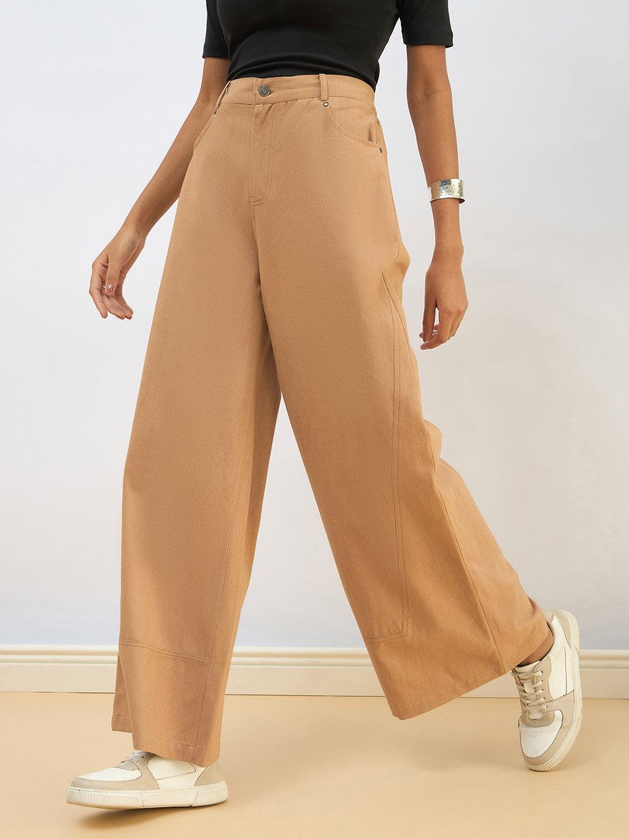 Women Beige Twill Wide Leg Pants