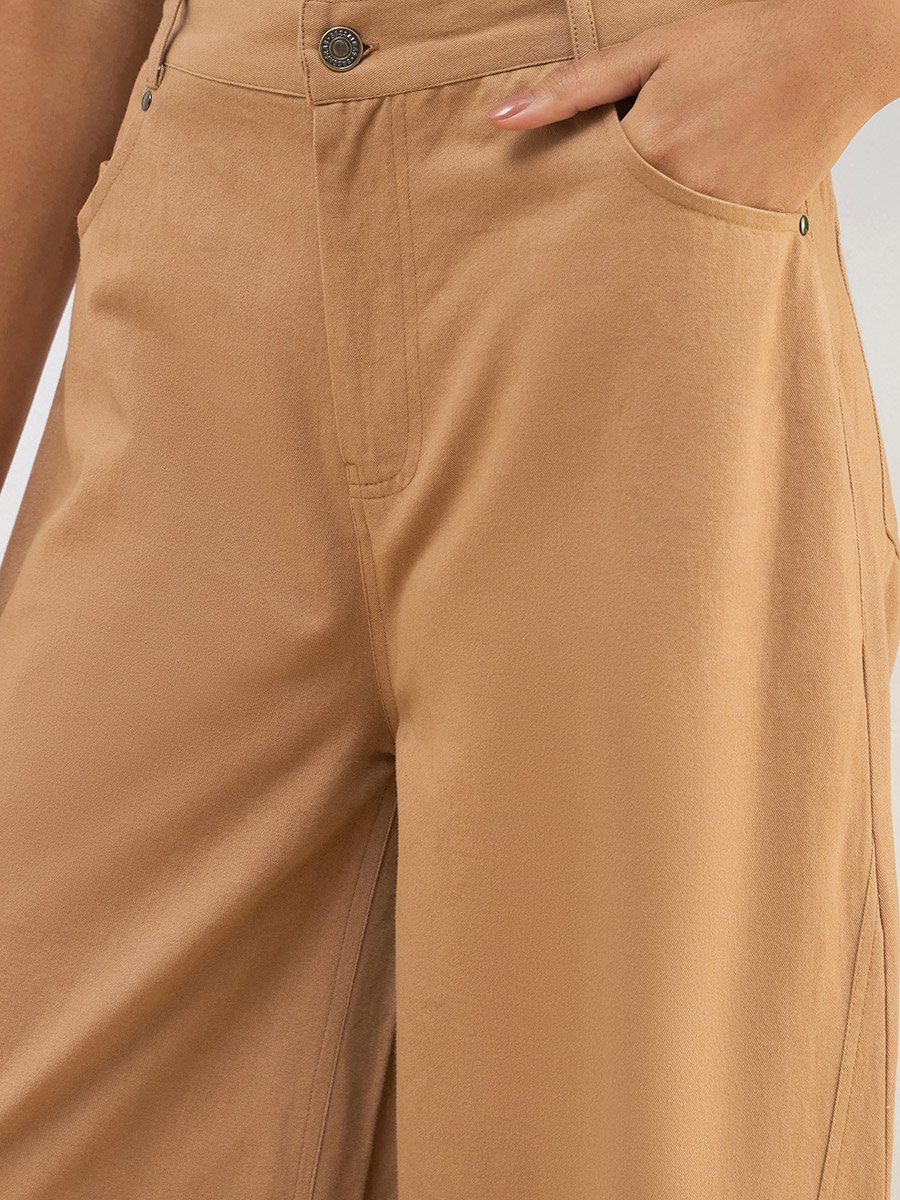 Women Beige Twill Wide Leg Pants