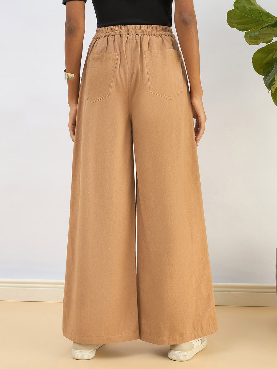 Women Beige Twill Wide Leg Pants