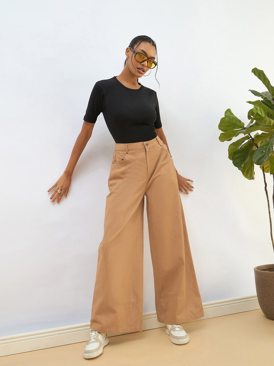 Women Beige Twill Wide Leg Pants