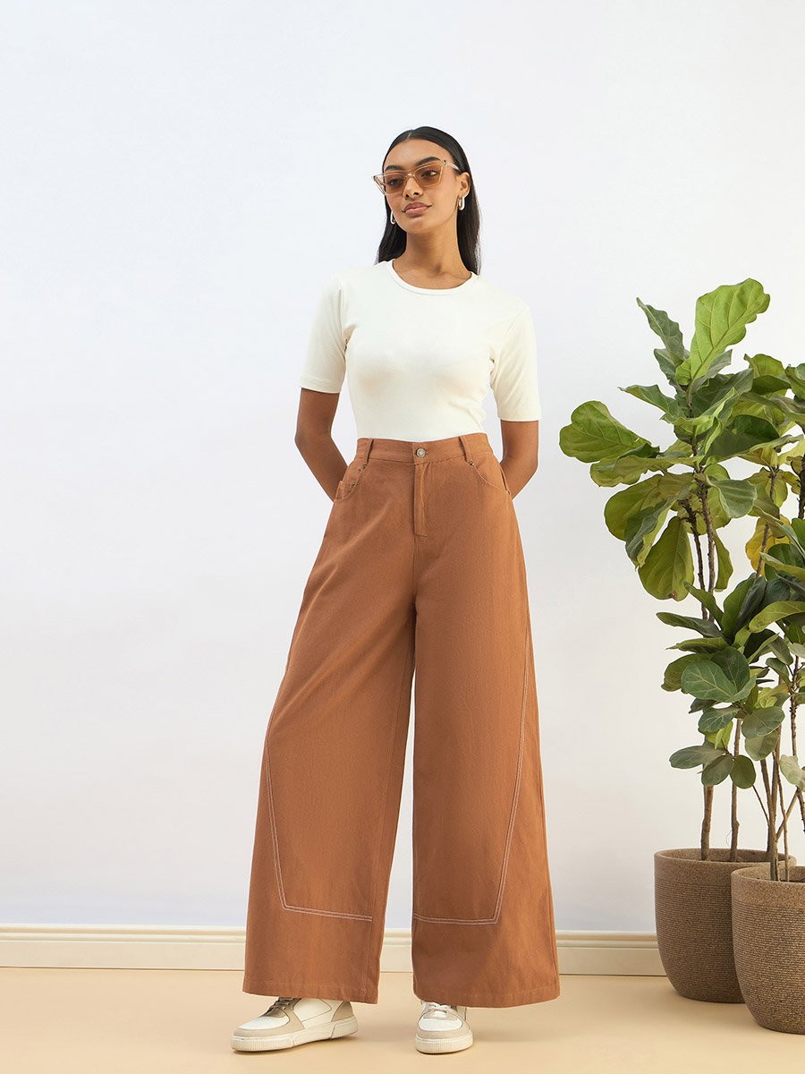 Women Brown Twill Mid Rise Flared Pants