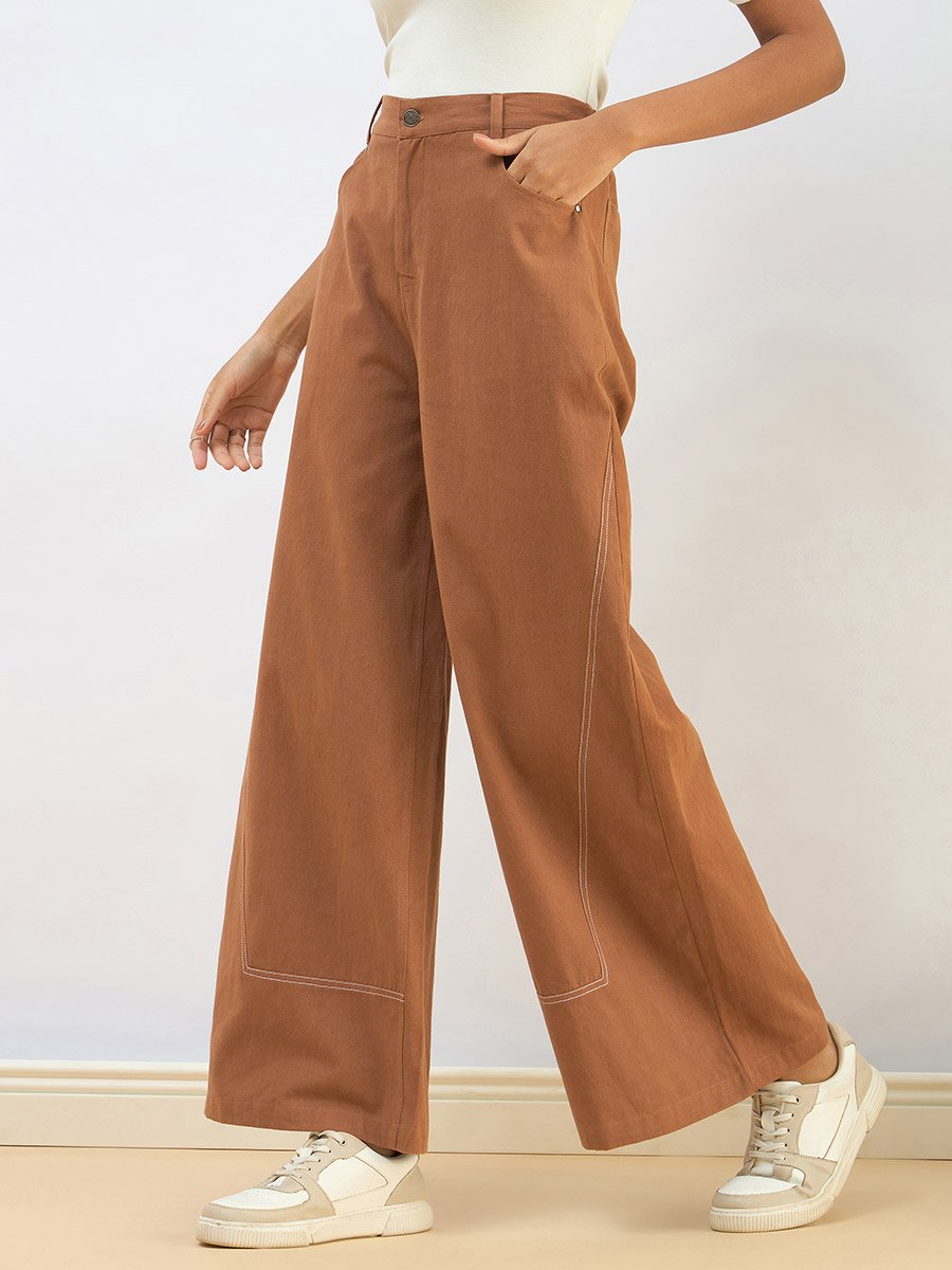 Women Brown Twill Mid Rise Flared Pants
