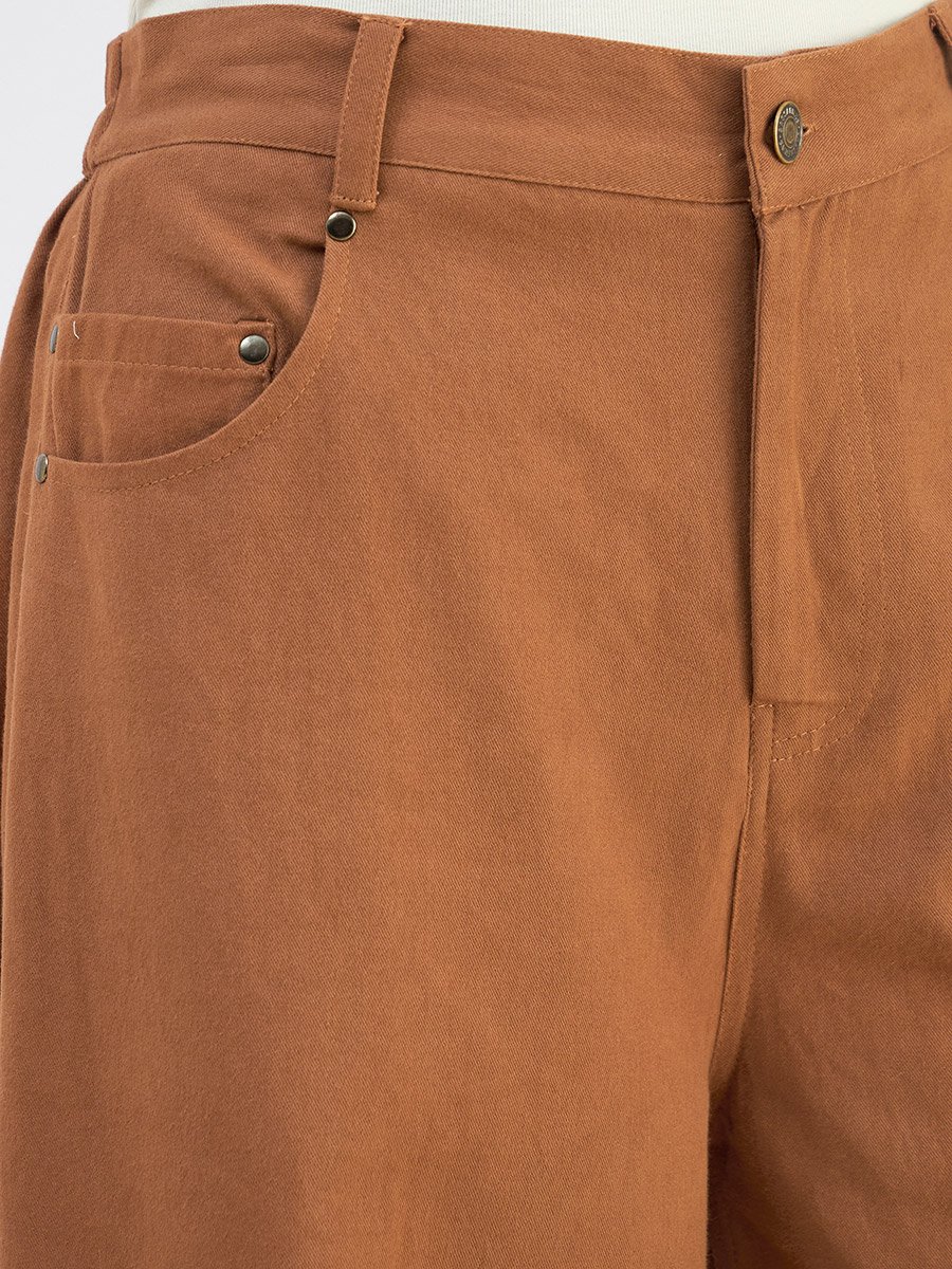 Women Brown Twill Mid Rise Flared Pants