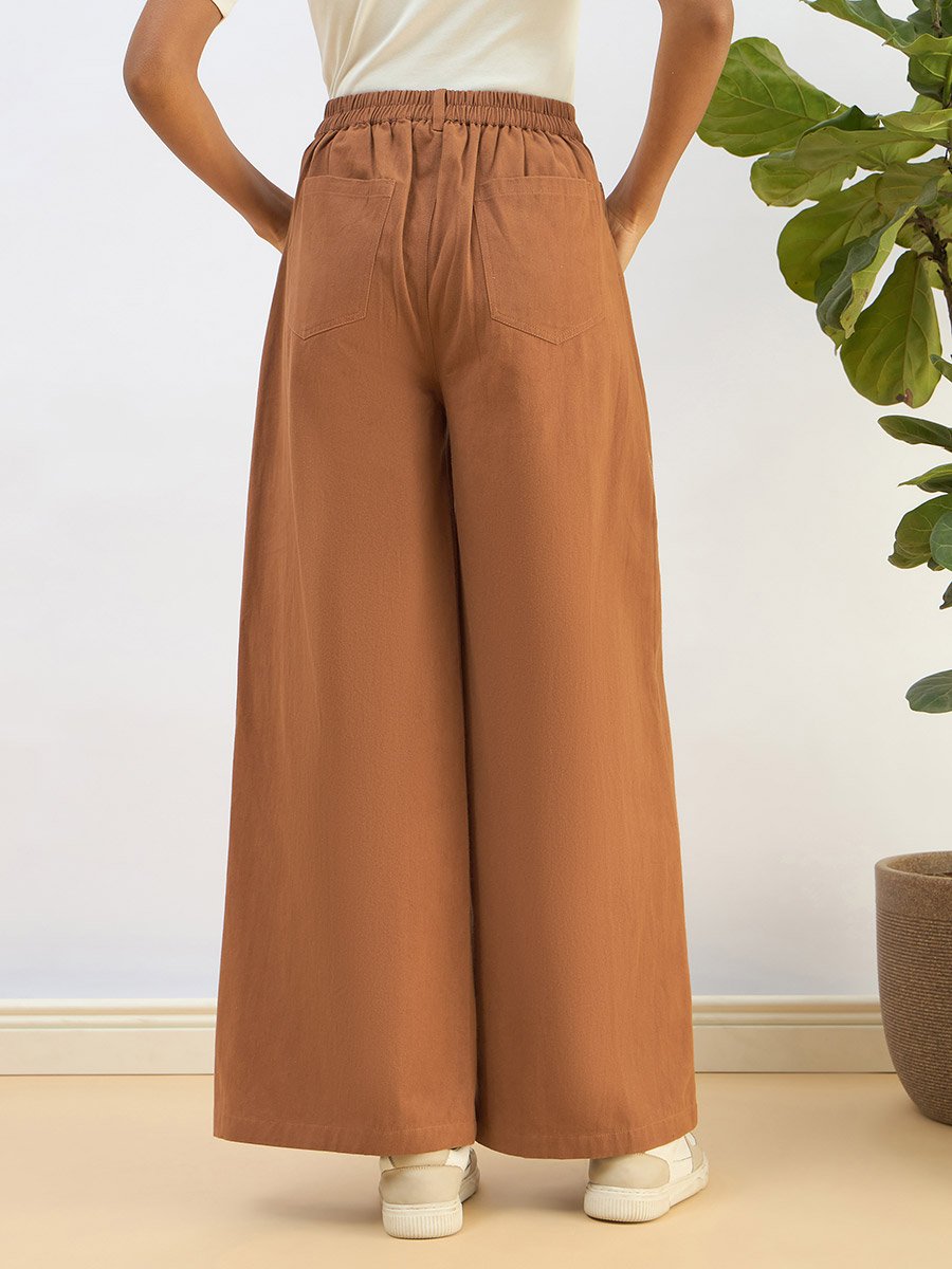 Women Brown Twill Mid Rise Flared Pants