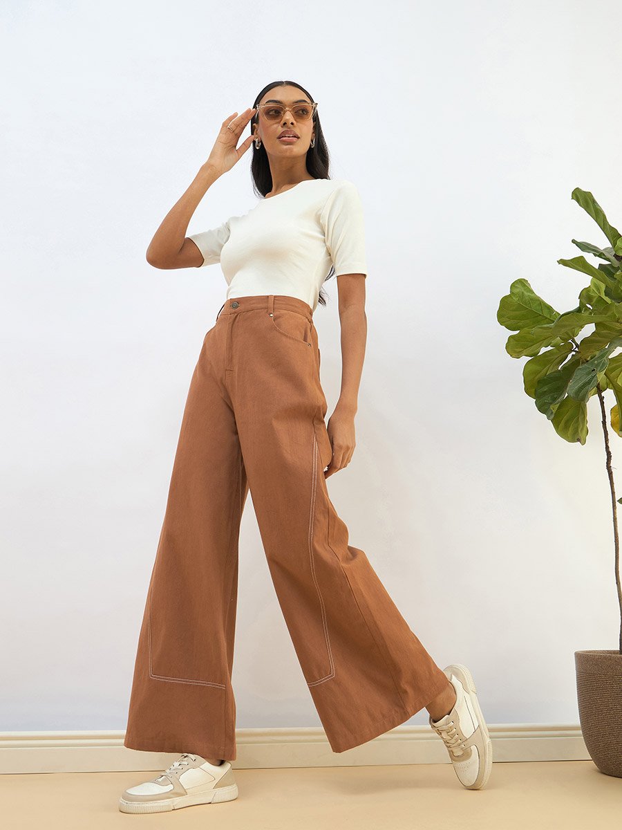 Women Brown Twill Mid Rise Flared Pants