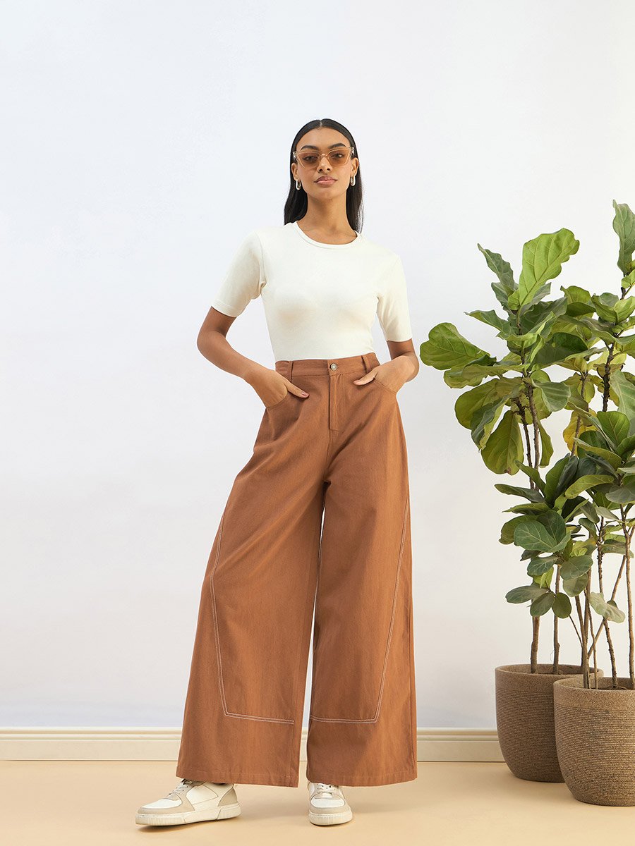 Women Brown Twill Mid Rise Flared Pants