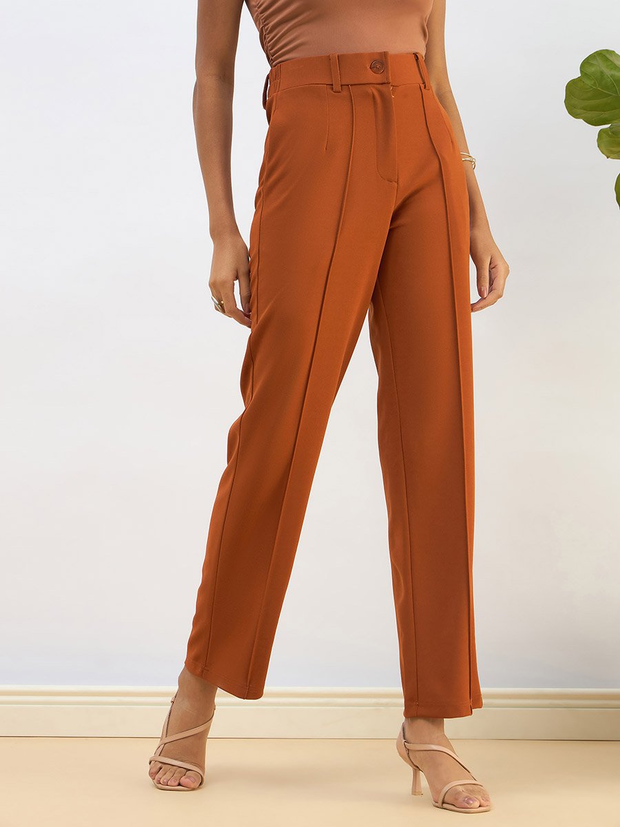 Women Rust Front Dart Straight Pants