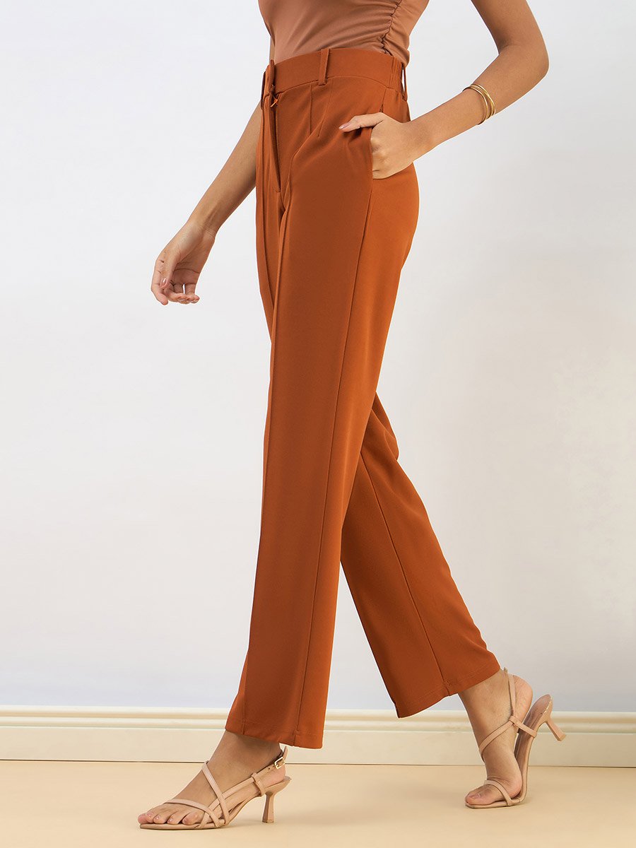 Women Rust Front Dart Straight Pants