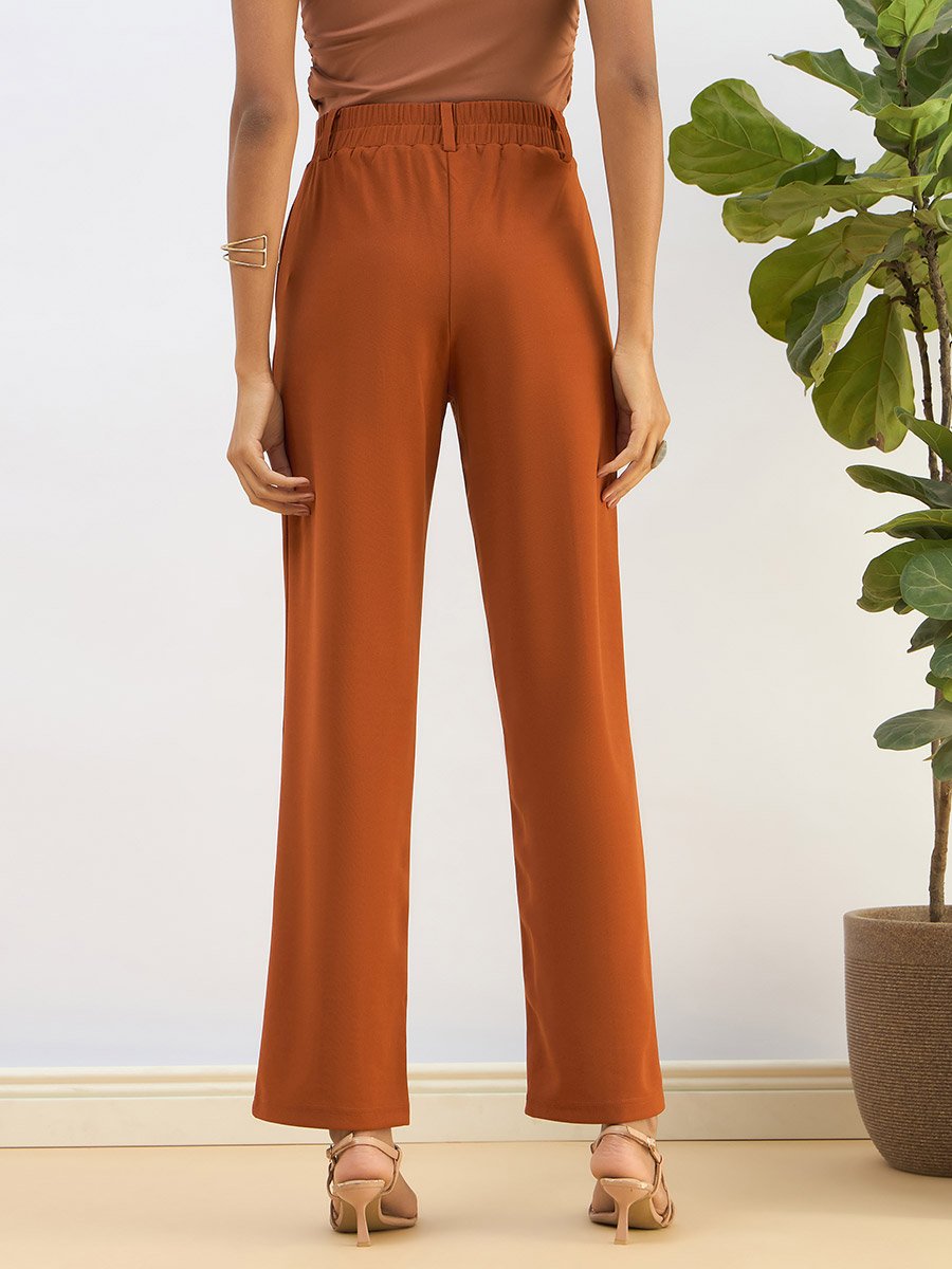 Women Rust Front Dart Straight Pants
