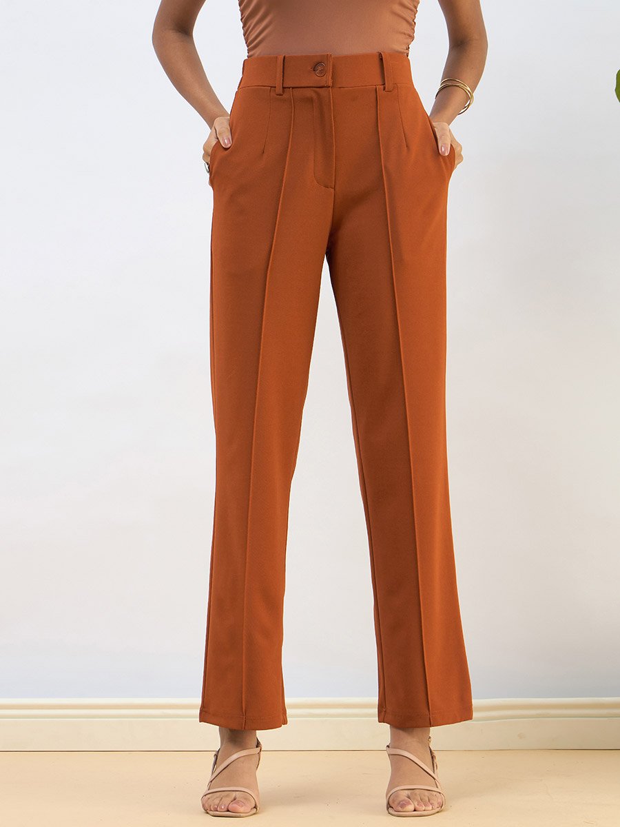 Women Rust Front Dart Straight Pants