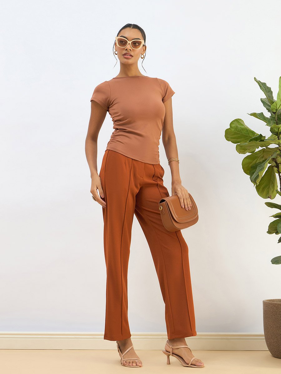 Women Rust Front Dart Straight Pants