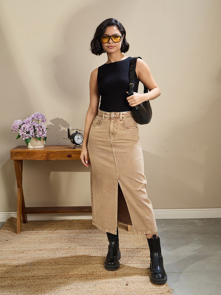 Women Beige Front Slit Denim Midi Skirt For Women at UAE | Styli